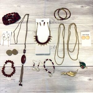 Jewelry Lot of 15 Vintage to Now Gold Tone Necklaces Bracelets Earrings Brooches